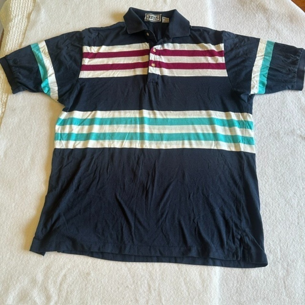 Vintage Aureus Striped Golf Polo Shirt Mens XL Short Sleeve Navy Teal Maroon 90s